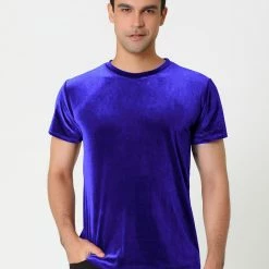Allegra K Men's Summer Casual Crew Neck Solid Color Short Sleeves Velvet T-shirt