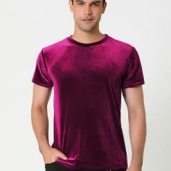 Allegra K Men's Summer Casual Crew Neck Solid Color Short Sleeves Velvet T-shirt