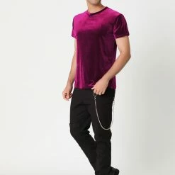 Allegra K Men's Summer Casual Crew Neck Solid Color Short Sleeves Velvet T-shirt