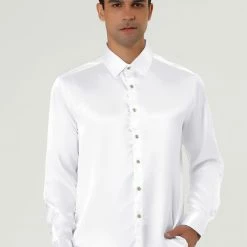 Allegra K Men's Dress Satin V Neck Long Sleeves Button Down Slim Fit Prom Party Shirts