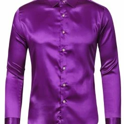 Allegra K Men's Dress Satin V Neck Long Sleeves Button Down Slim Fit Prom Party Shirts