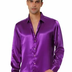 Allegra K Men's Dress Satin V Neck Long Sleeves Button Down Slim Fit Prom Party Shirts