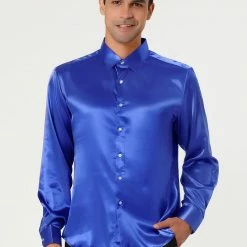 Allegra K Men's Dress Satin V Neck Long Sleeves Button Down Slim Fit Prom Party Shirts