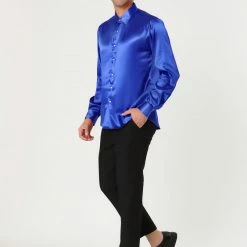 Allegra K Men's Dress Satin V Neck Long Sleeves Button Down Slim Fit Prom Party Shirts