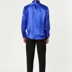 Allegra K Men's Dress Satin V Neck Long Sleeves Button Down Slim Fit Prom Party Shirts