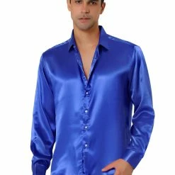 Allegra K Men's Dress Satin V Neck Long Sleeves Button Down Slim Fit Prom Party Shirts