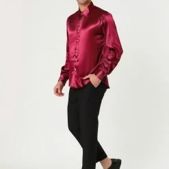 Allegra K Men's Dress Satin V Neck Long Sleeves Button Down Slim Fit Prom Party Shirts