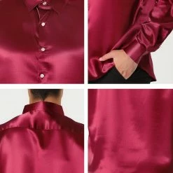 Allegra K Men's Dress Satin V Neck Long Sleeves Button Down Slim Fit Prom Party Shirts