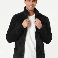 Allegra K Men's Winter Solid Color Long Sleeved Full-Zip Sherpa Fleece Jacket