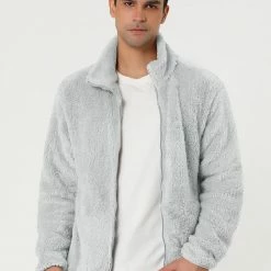 Allegra K Men's Winter Solid Color Long Sleeved Full-Zip Sherpa Fleece Jacket