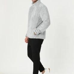 Allegra K Men's Winter Solid Color Long Sleeved Full-Zip Sherpa Fleece Jacket