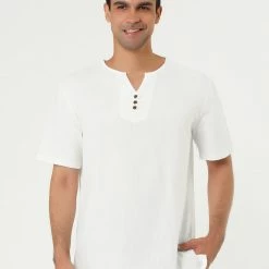 Allegra K Men's Summer Linen Henley Shirt Button Down Short Sleeves Casual Shirts