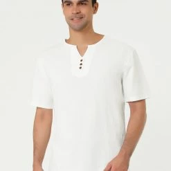 Allegra K Men's Summer Linen Henley Shirt Button Down Short Sleeves Casual Shirts