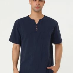 Allegra K Men's Summer Linen Henley Shirt Button Down Short Sleeves Casual Shirts