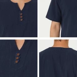 Allegra K Men's Summer Linen Henley Shirt Button Down Short Sleeves Casual Shirts