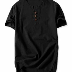 Allegra K Men's Summer Linen Henley Shirt Button Down Short Sleeves Casual Shirts