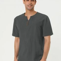 Allegra K Men's Summer Linen Henley Shirt Button Down Short Sleeves Casual Shirts