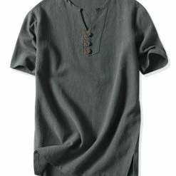 Allegra K Men's Summer Linen Henley Shirt Button Down Short Sleeves Casual Shirts