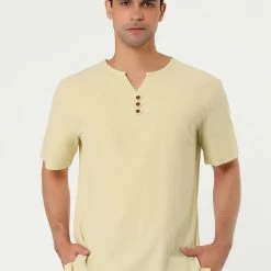 Allegra K Men's Summer Linen Henley Shirt Button Down Short Sleeves Casual Shirts