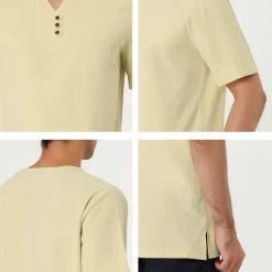 Allegra K Men's Summer Linen Henley Shirt Button Down Short Sleeves Casual Shirts