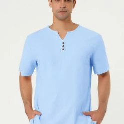 Allegra K Men's Summer Linen Henley Shirt Button Down Short Sleeves Casual Shirts