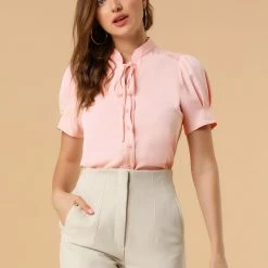 Allegra K Women's Tie Neck Short Sleeve Shirt Puff Sleeve Button Front Lace Inset Stand Collar Blouse