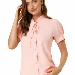 Allegra K Women's Tie Neck Short Sleeve Shirt Puff Sleeve Button Front Lace Inset Stand Collar Blouse