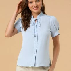 Allegra K Women's Tie Neck Short Sleeve Shirt Puff Sleeve Button Front Lace Inset Stand Collar Blouse