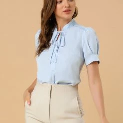Allegra K Women's Tie Neck Short Sleeve Shirt Puff Sleeve Button Front Lace Inset Stand Collar Blouse