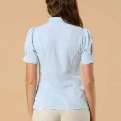 Allegra K Women's Tie Neck Short Sleeve Shirt Puff Sleeve Button Front Lace Inset Stand Collar Blouse
