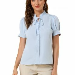 Allegra K Women's Tie Neck Short Sleeve Shirt Puff Sleeve Button Front Lace Inset Stand Collar Blouse