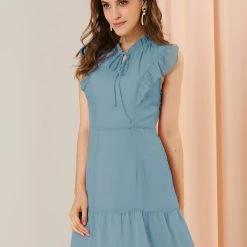 Allegra K Women's Ruffle Tie Neck Sleeveless A-line Solid Color Chiffon Dress