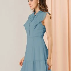 Allegra K Women's Ruffle Tie Neck Sleeveless A-line Solid Color Chiffon Dress