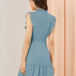 Allegra K Women's Ruffle Tie Neck Sleeveless A-line Solid Color Chiffon Dress