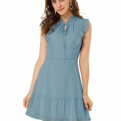 Allegra K Women's Ruffle Tie Neck Sleeveless A-line Solid Color Chiffon Dress