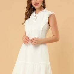Allegra K Women's Ruffle Tie Neck Sleeveless A-line Solid Color Chiffon Dress