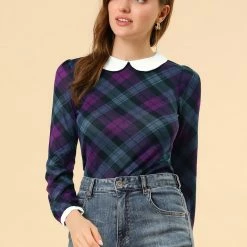 Allegra K Women's Peter Pan Collar Contrast Puff Sleeve Plaid Shirt Blouse