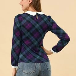 Allegra K Women's Peter Pan Collar Contrast Puff Sleeve Plaid Shirt Blouse