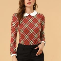 Allegra K Women's Peter Pan Collar Contrast Puff Sleeve Plaid Shirt Blouse