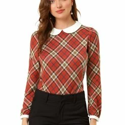 Allegra K Women's Peter Pan Collar Contrast Puff Sleeve Plaid Shirt Blouse