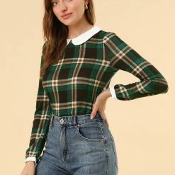 Allegra K Women's Peter Pan Collar Contrast Puff Sleeve Plaid Shirt Blouse