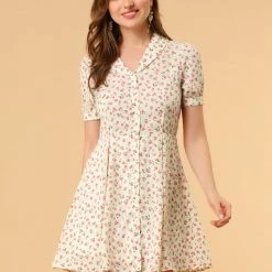 Allegra K Women's Button Front Floral Print V Neck Short Sleeve Above Knee Shirt Dress 33 Allegra K Women's Button Front Floral Print V Neck Short Sleeve Above Knee Shirt Dress