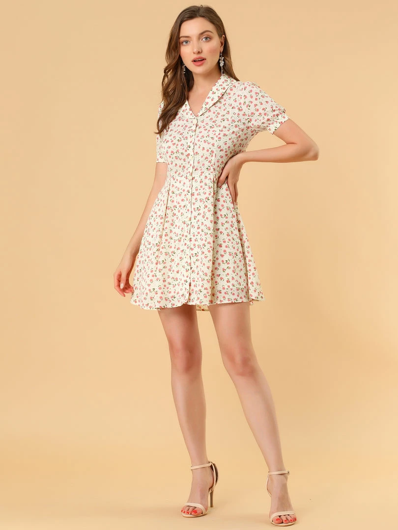 Allegra K Women's Button Front Floral Print V Neck Short Sleeve Above Knee Shirt Dress 17 Allegra K Women's Button Front Floral Print V Neck Short Sleeve Above Knee Shirt Dress