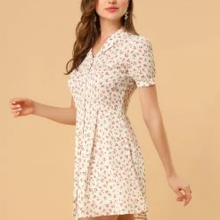 Allegra K Women's Button Front Floral Print V Neck Short Sleeve Above Knee Shirt Dress 35 Allegra K Women's Button Front Floral Print V Neck Short Sleeve Above Knee Shirt Dress