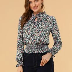 Allegra K Women's Smocked Puff Sleeve Ruffle Peplum Ditsy Floral Top Blouse