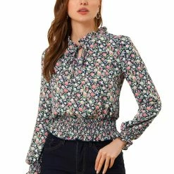 Allegra K Women's Smocked Puff Sleeve Ruffle Peplum Ditsy Floral Top Blouse