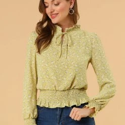 Allegra K Women's Smocked Puff Sleeve Ruffle Peplum Ditsy Floral Top Blouse