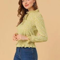 Allegra K Women's Smocked Puff Sleeve Ruffle Peplum Ditsy Floral Top Blouse