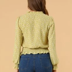 Allegra K Women's Smocked Puff Sleeve Ruffle Peplum Ditsy Floral Top Blouse