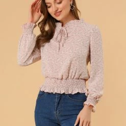 Allegra K Women's Smocked Puff Sleeve Ruffle Peplum Ditsy Floral Top Blouse